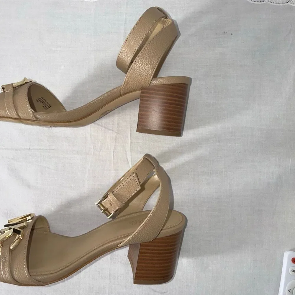 Michael Kors Women’s Nude Pebbled Leather Block Heel Sandals Gold MK Accent 3” H